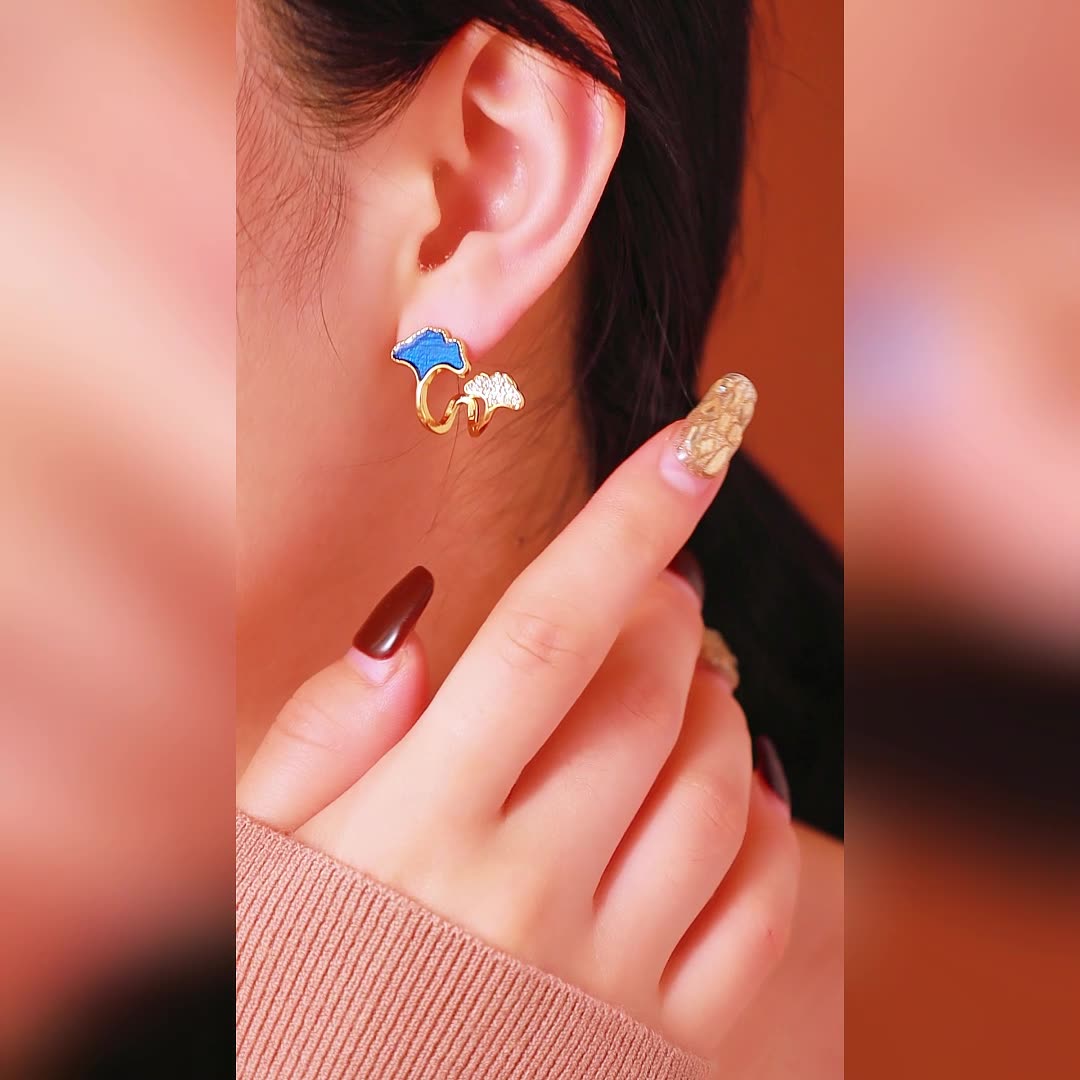 Ginkgo leaf enamel copper gold-plated earrings for women