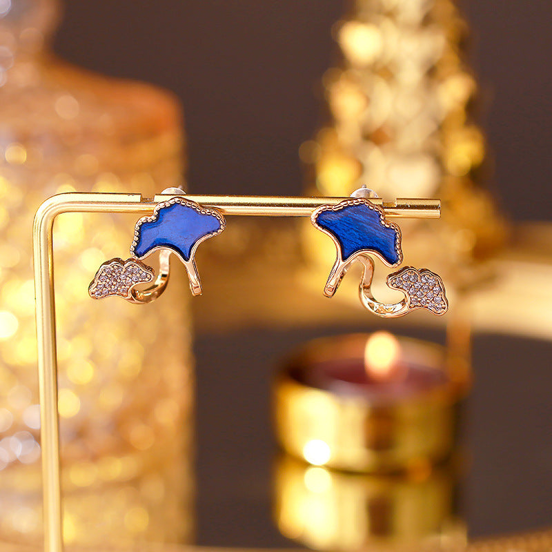 Ginkgo leaf enamel copper gold-plated earrings for women