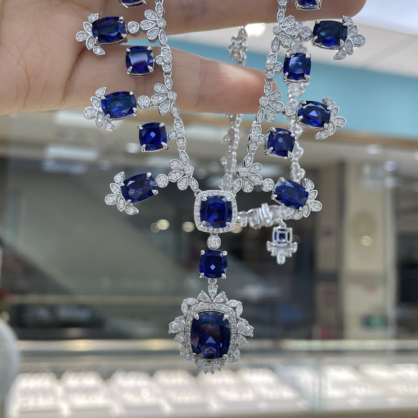New temperament 5.5 carat sapphire pillow jewelry set S925 silver advanced ring