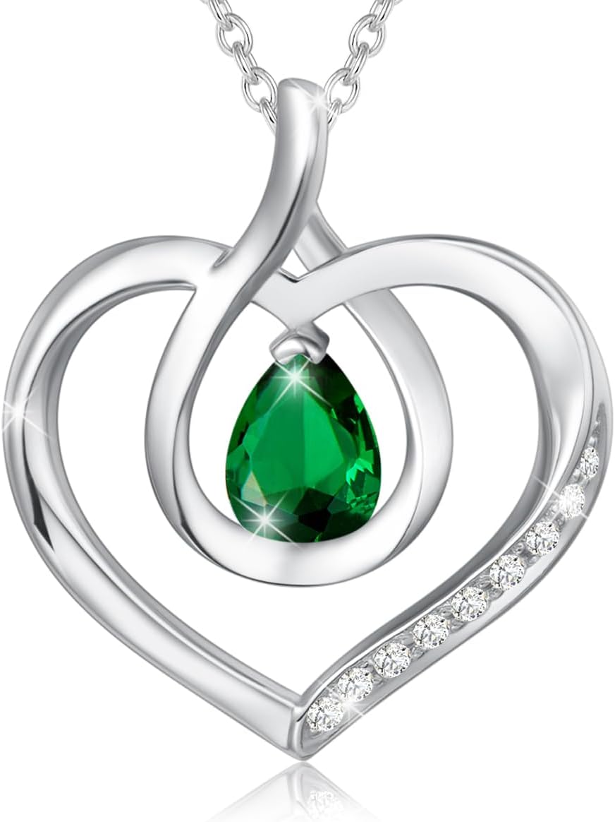 AGVANA Mothers Day Gifts for Mom Heart Birthstone Necklace for Women Sterling Silver Genuine or Created Gemstone Forever Love Pendant Necklace Fine Jewelry Anniversary Birthday Gifts for Women Wife