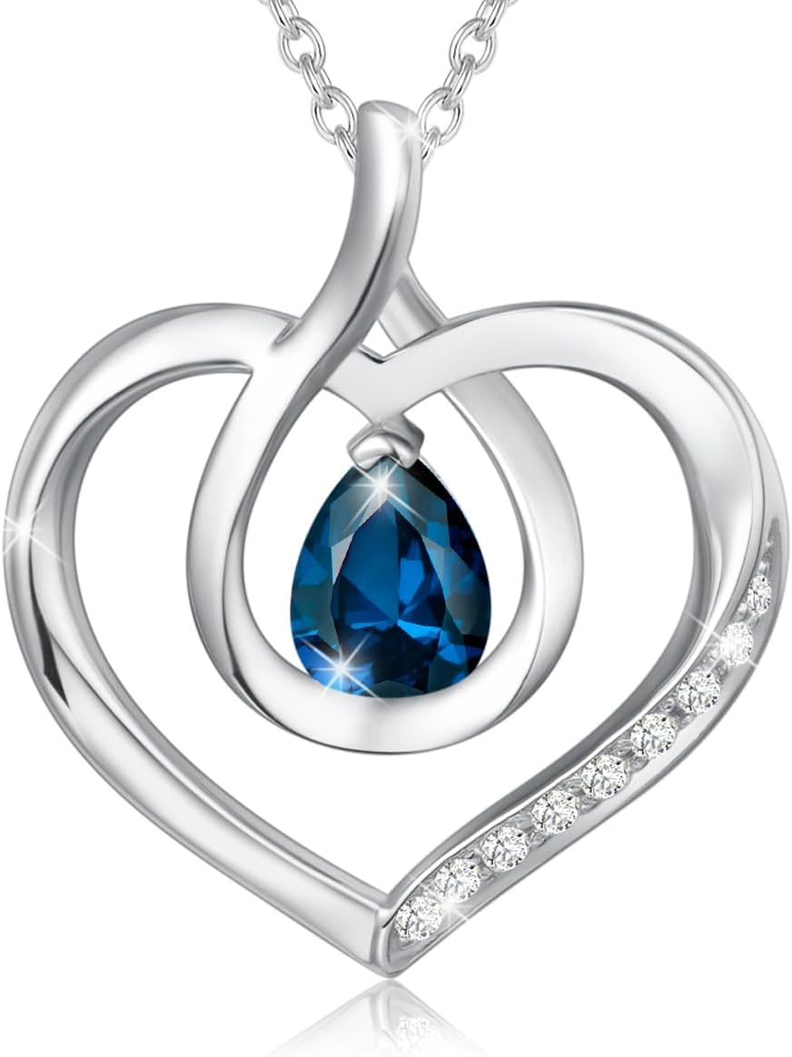 AGVANA Mothers Day Gifts for Mom Heart Birthstone Necklace for Women Sterling Silver Genuine or Created Gemstone Forever Love Pendant Necklace Fine Jewelry Anniversary Birthday Gifts for Women Wife