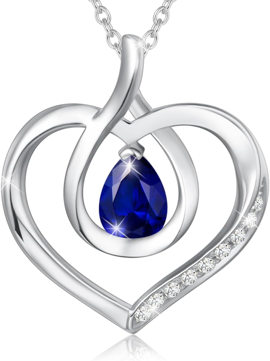 AGVANA Mothers Day Gifts for Mom Heart Birthstone Necklace for Women Sterling Silver Genuine or Created Gemstone Forever Love Pendant Necklace Fine Jewelry Anniversary Birthday Gifts for Women Wife