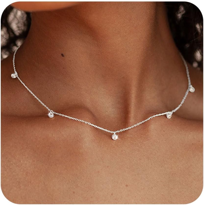 FUNEIA Dainty Silver Gold Necklaces for Women Trendy Non Tarnish 14K Gold Plated Cubic Zirconia Necklace Layered Cute Butterfly Heart Station Choker Necklace Stack for Wedding Prom Brides Jewelry
