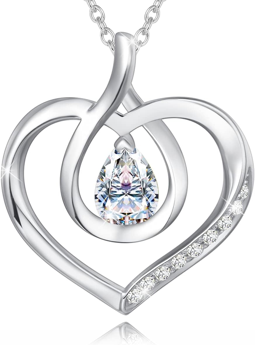 AGVANA Mothers Day Gifts for Mom Heart Birthstone Necklace for Women Sterling Silver Genuine or Created Gemstone Forever Love Pendant Necklace Fine Jewelry Anniversary Birthday Gifts for Women Wife