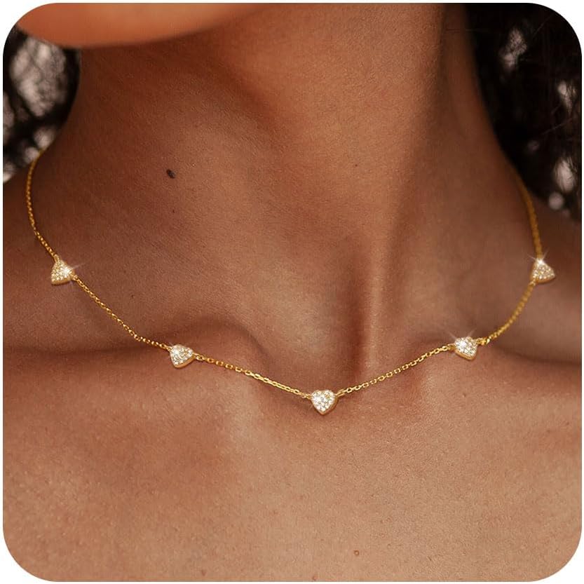 FUNEIA Dainty Silver Gold Necklaces for Women Trendy Non Tarnish 14K Gold Plated Cubic Zirconia Necklace Layered Cute Butterfly Heart Station Choker Necklace Stack for Wedding Prom Brides Jewelry
