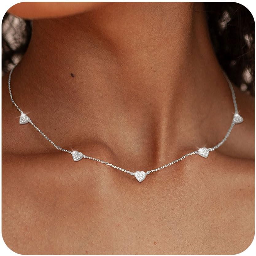 FUNEIA Dainty Silver Gold Necklaces for Women Trendy Non Tarnish 14K Gold Plated Cubic Zirconia Necklace Layered Cute Butterfly Heart Station Choker Necklace Stack for Wedding Prom Brides Jewelry
