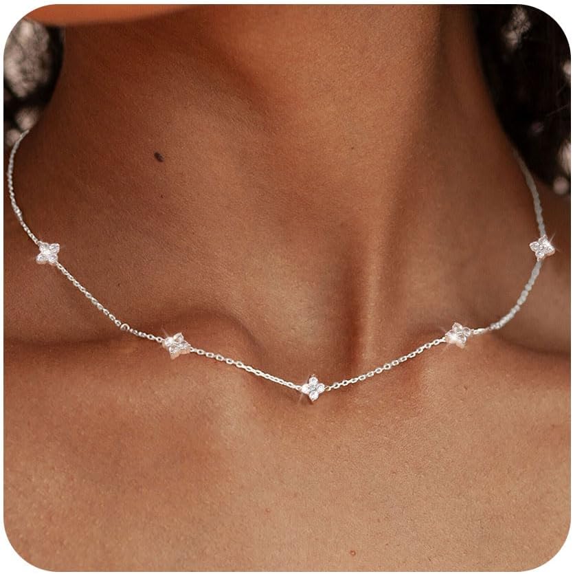 FUNEIA Dainty Silver Gold Necklaces for Women Trendy Non Tarnish 14K Gold Plated Cubic Zirconia Necklace Layered Cute Butterfly Heart Station Choker Necklace Stack for Wedding Prom Brides Jewelry