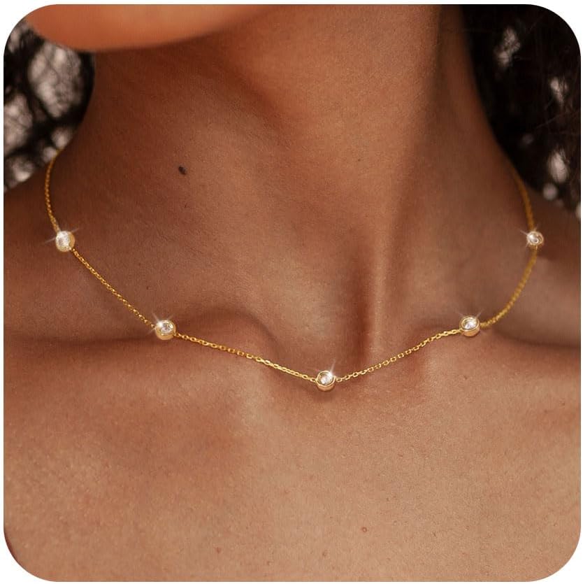FUNEIA Dainty Silver Gold Necklaces for Women Trendy Non Tarnish 14K Gold Plated Cubic Zirconia Necklace Layered Cute Butterfly Heart Station Choker Necklace Stack for Wedding Prom Brides Jewelry