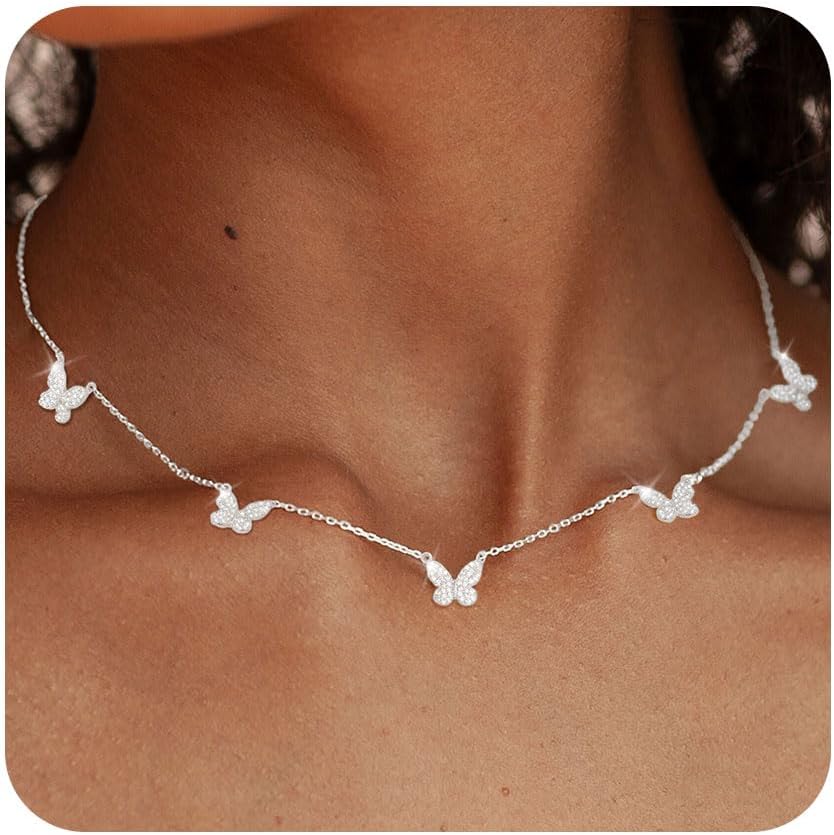 FUNEIA Dainty Silver Gold Necklaces for Women Trendy Non Tarnish 14K Gold Plated Cubic Zirconia Necklace Layered Cute Butterfly Heart Station Choker Necklace Stack for Wedding Prom Brides Jewelry