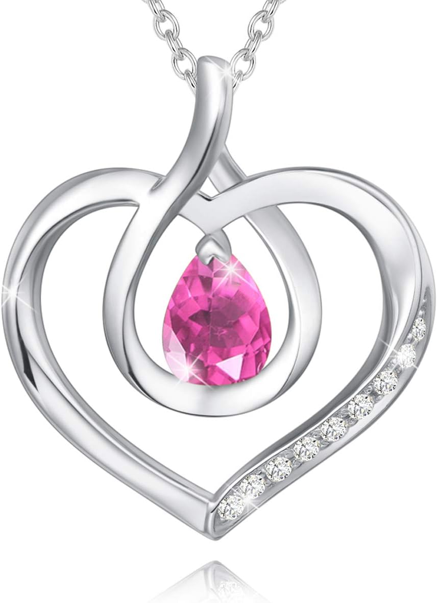 AGVANA Mothers Day Gifts for Mom Heart Birthstone Necklace for Women Sterling Silver Genuine or Created Gemstone Forever Love Pendant Necklace Fine Jewelry Anniversary Birthday Gifts for Women Wife