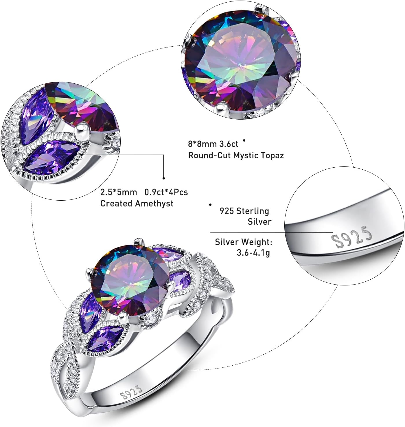 3.6ct Women's Created Sapphire|Aquamarine|Rainbow Topaz Ring 925 Sterling Silver Women Engagement Rings Bezel Setting Marquise Fashion Statement Ring Best Gift for Mother and Grandma Size 5-9