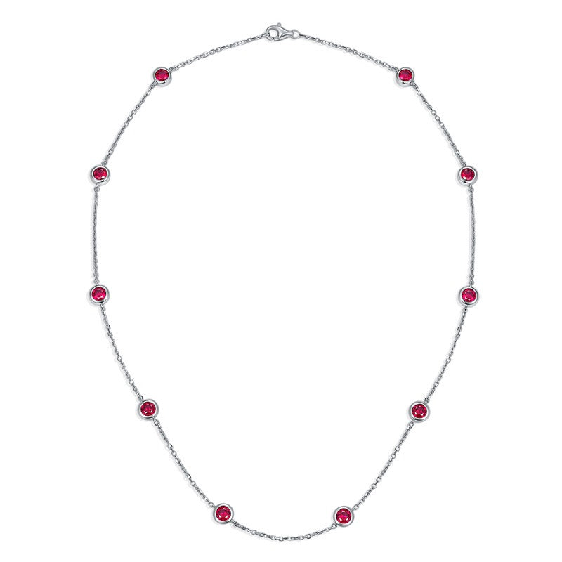 Europe and America ins wind stacked wearing a 4.0mm round cultured ruby silver plated 18k gold bubble chocker short necklace.