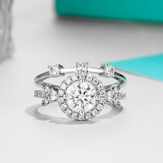 Authentic D-color moissanite inlaid sunrise female ring PT950 platinum four-claw fashion round micro-inlaid ring