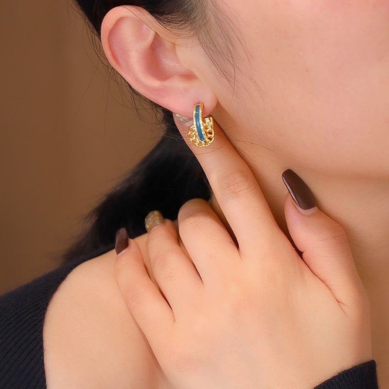 Vintage earrings high-end enamel geometric C-shaped earrings versatile retro spring and autumn new earrings for women