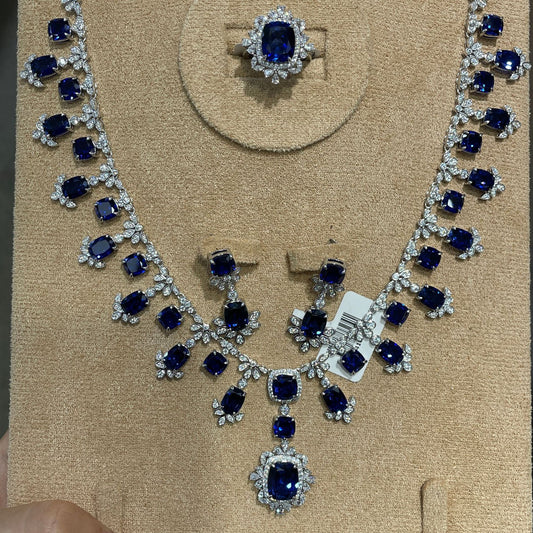New temperament 5.5 carat sapphire pillow jewelry set S925 silver advanced ring