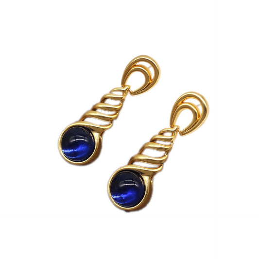 French light luxury style, brass material, 18K gold electroplated, oval natural tiger's eye stone earrings