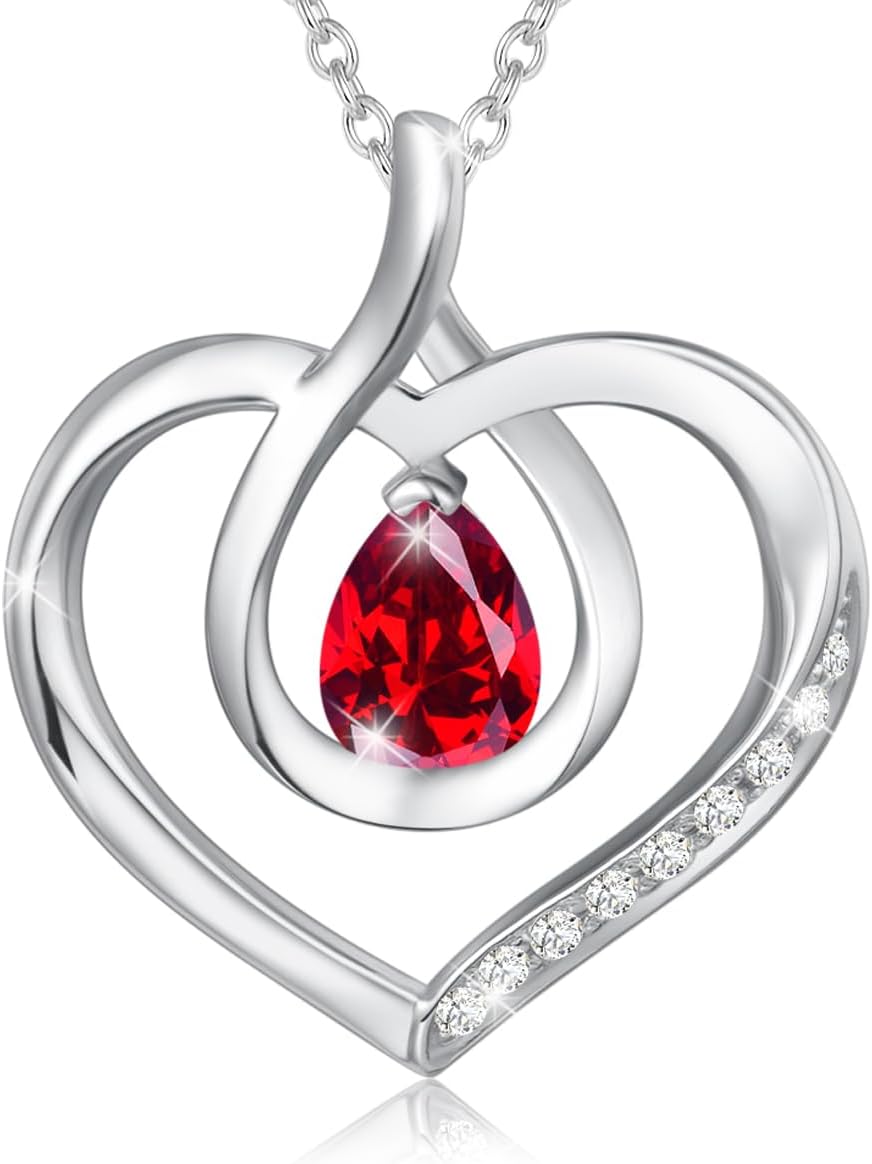 AGVANA Mothers Day Gifts for Mom Heart Birthstone Necklace for Women Sterling Silver Genuine or Created Gemstone Forever Love Pendant Necklace Fine Jewelry Anniversary Birthday Gifts for Women Wife