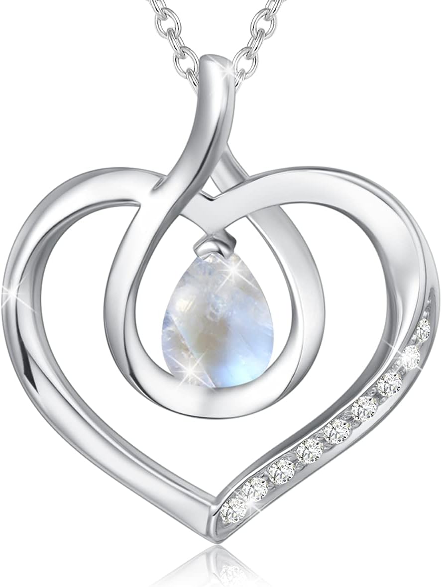 AGVANA Mothers Day Gifts for Mom Heart Birthstone Necklace for Women Sterling Silver Genuine or Created Gemstone Forever Love Pendant Necklace Fine Jewelry Anniversary Birthday Gifts for Women Wife