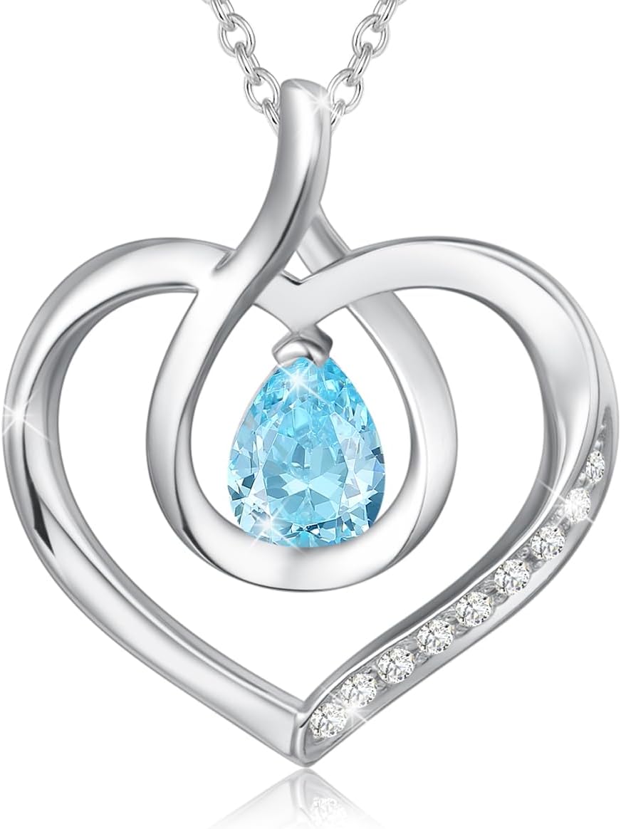 AGVANA Mothers Day Gifts for Mom Heart Birthstone Necklace for Women Sterling Silver Genuine or Created Gemstone Forever Love Pendant Necklace Fine Jewelry Anniversary Birthday Gifts for Women Wife