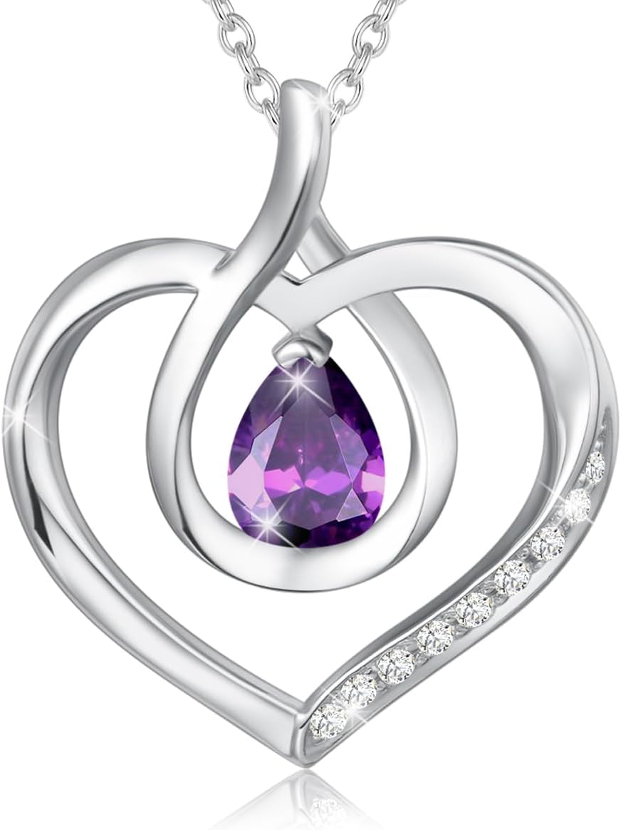 AGVANA Mothers Day Gifts for Mom Heart Birthstone Necklace for Women Sterling Silver Genuine or Created Gemstone Forever Love Pendant Necklace Fine Jewelry Anniversary Birthday Gifts for Women Wife