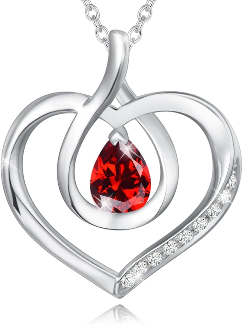 AGVANA Mothers Day Gifts for Mom Heart Birthstone Necklace for Women Sterling Silver Genuine or Created Gemstone Forever Love Pendant Necklace Fine Jewelry Anniversary Birthday Gifts for Women Wife