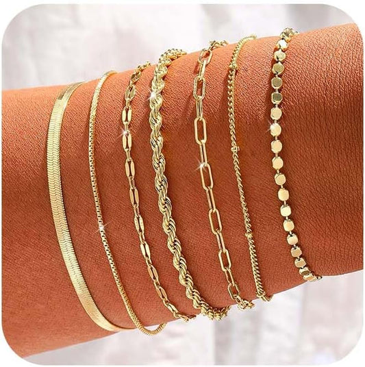 CAROVO Gold Bracelets for Women Waterproof Dainty 14K Gold Plated Stackable Cuban Beaded Link Snake Lip Paperclip Chain Bracelets Fashion Jewelry Gift for Women