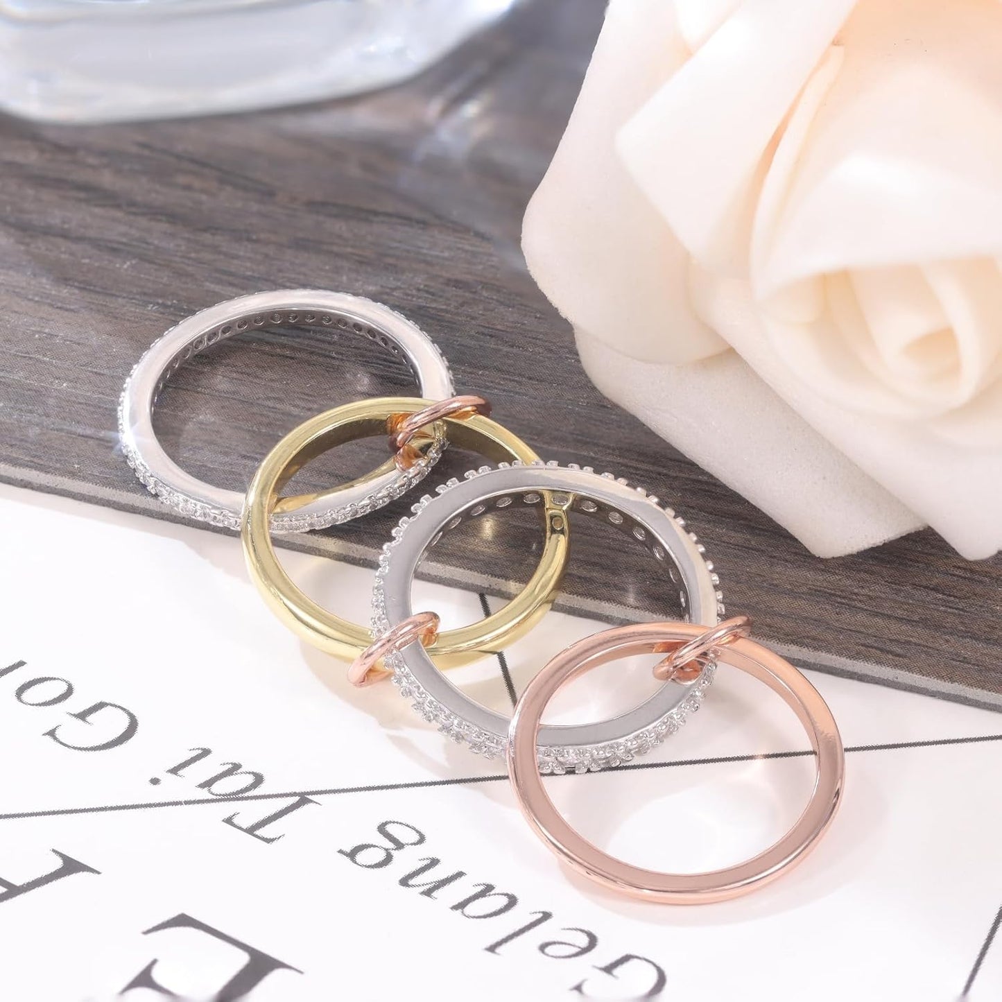 18K Gold Plated Stackable Rings for Women – 4-Piece Non Tarnish Rings with CZ Cubic Zirconia Sterling Silver & Rose Gold – Elegant and Versatile Jewelry Gift