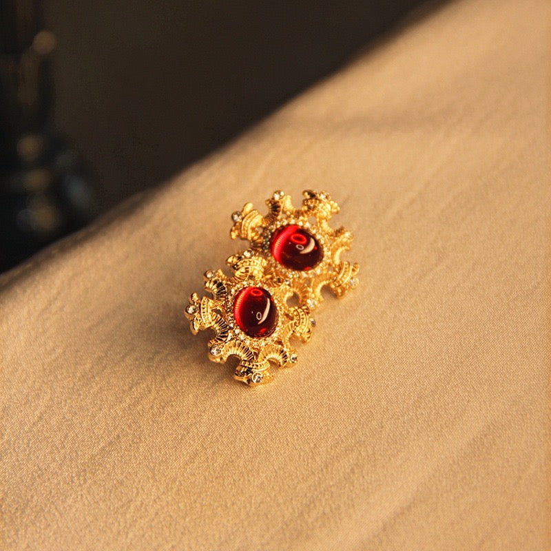 Retro palace luxury red resin earrings foreign trade plated with real gold Vintage flowers ruby earrings
