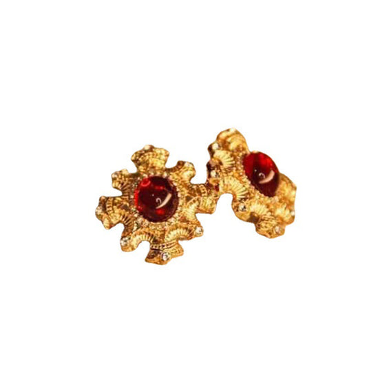 Retro palace luxury red resin earrings foreign trade plated with real gold Vintage flowers ruby earrings