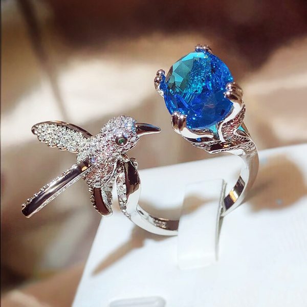 blue gemstone ring with peace dove flexible size ocean' heart