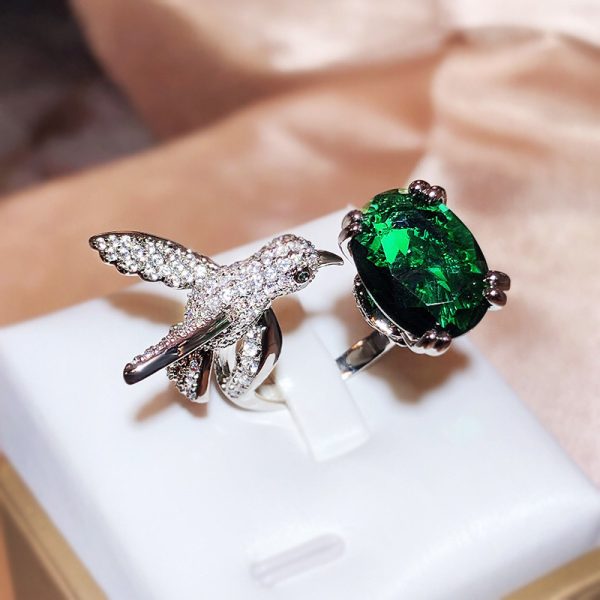 emerald gemstone ring with peace dove flexible size