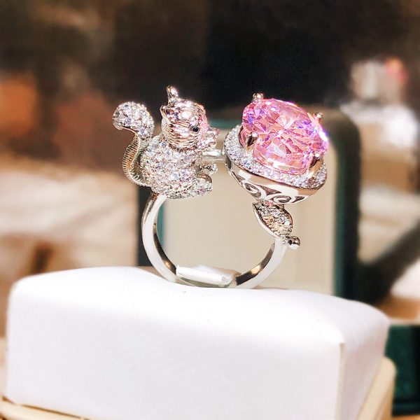 pink gemstone ring with little squirrel shinning ring flexible size