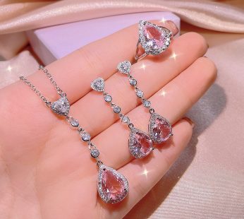 pink gemstone with gold plated set necklace +earrings +ring