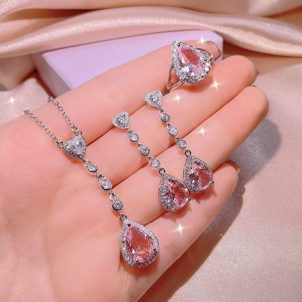 pink gemstone with gold plated set necklace +earrings +ring