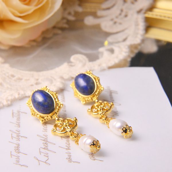 blue gemstone with natural pearls earrings