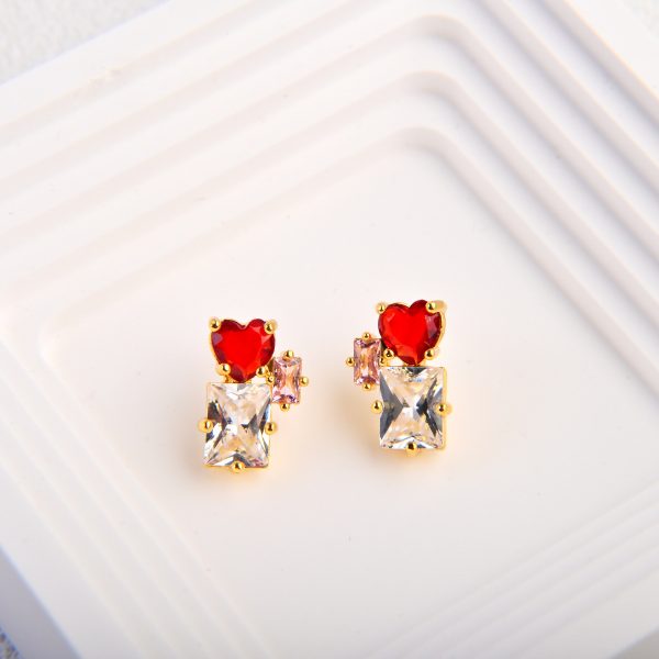 red ruby heart shape with zircon diamond style earrings