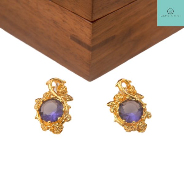 elegant blue gemstone with pure gold plated earrings